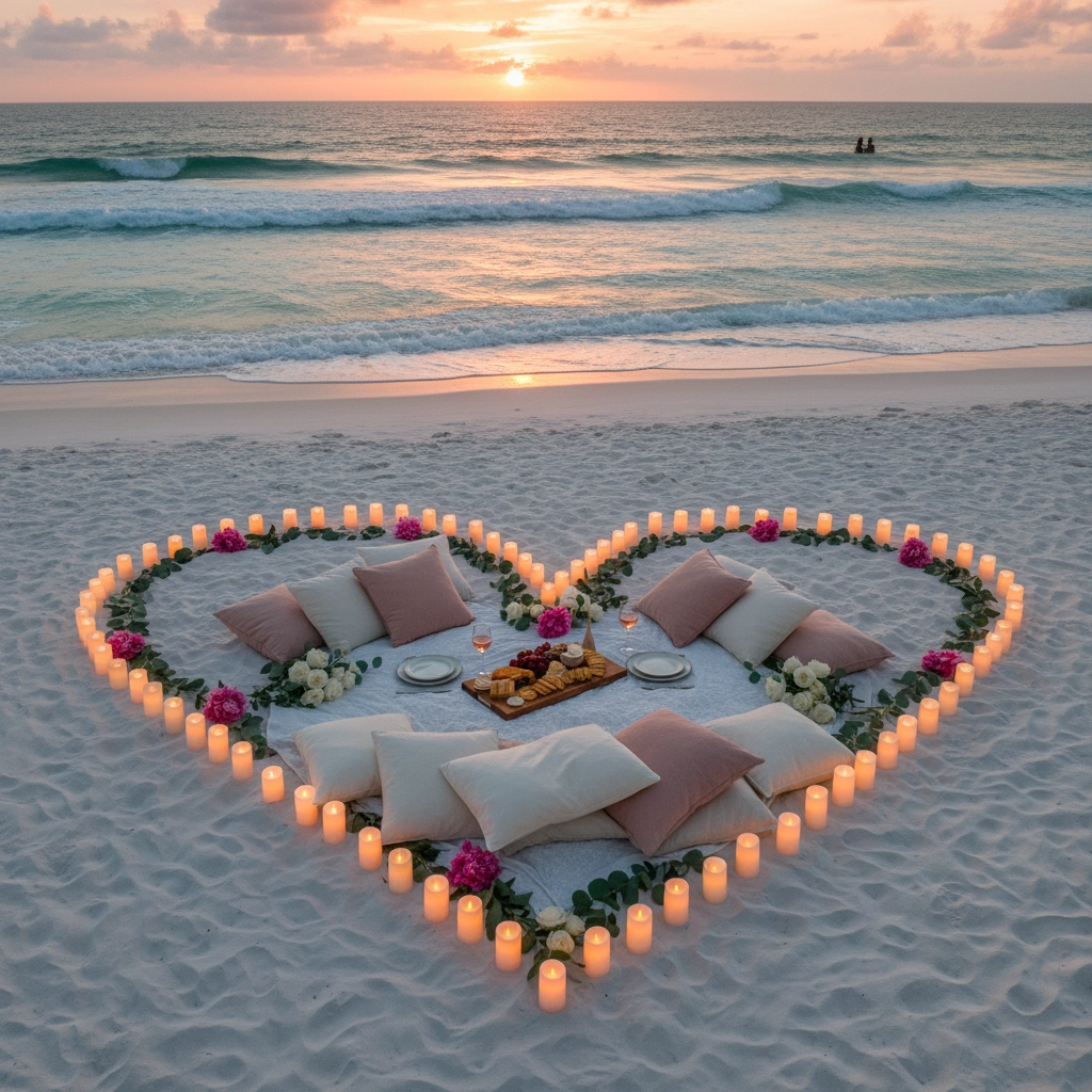 Romantic Picnic on the beach in shape of heart